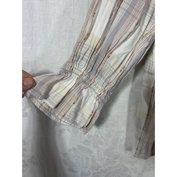 Lane Bryant Peasant Top 20 Pastel Plaid Gold Sparkle Smocked - Picture 2 of 12